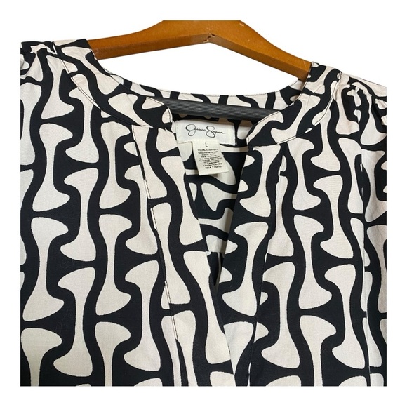 Jessica Simpson cream/black Abstract COTTON V-neck ruffle bottom dress SZ-Large - Picture 5 of 10